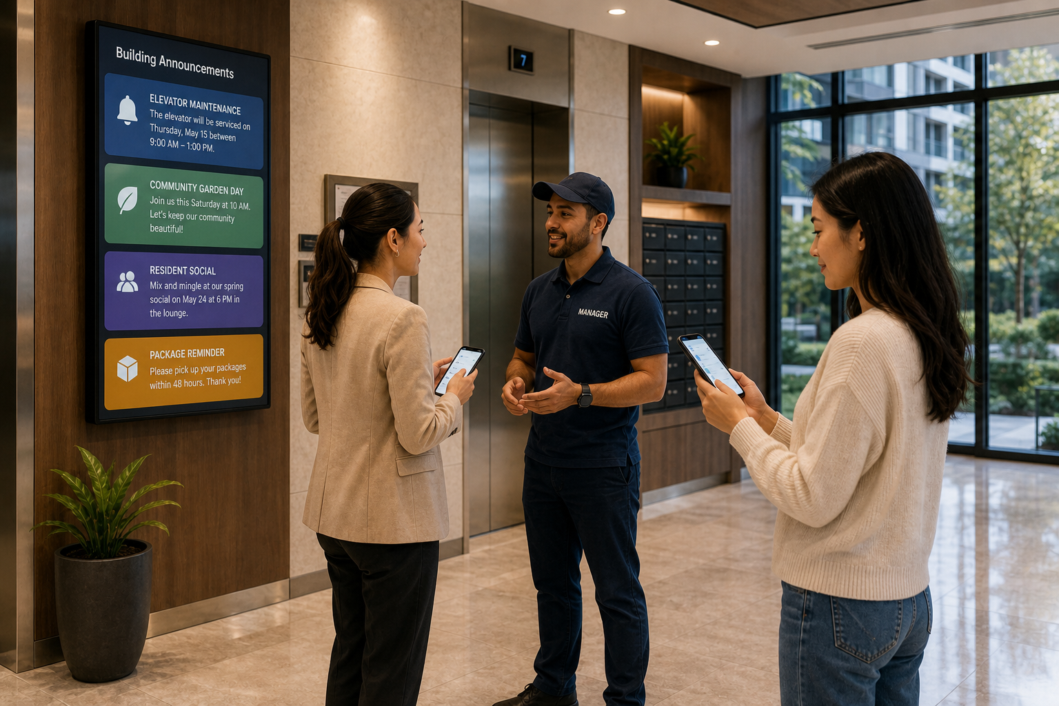 Residents receiving a building notice in the lobby
