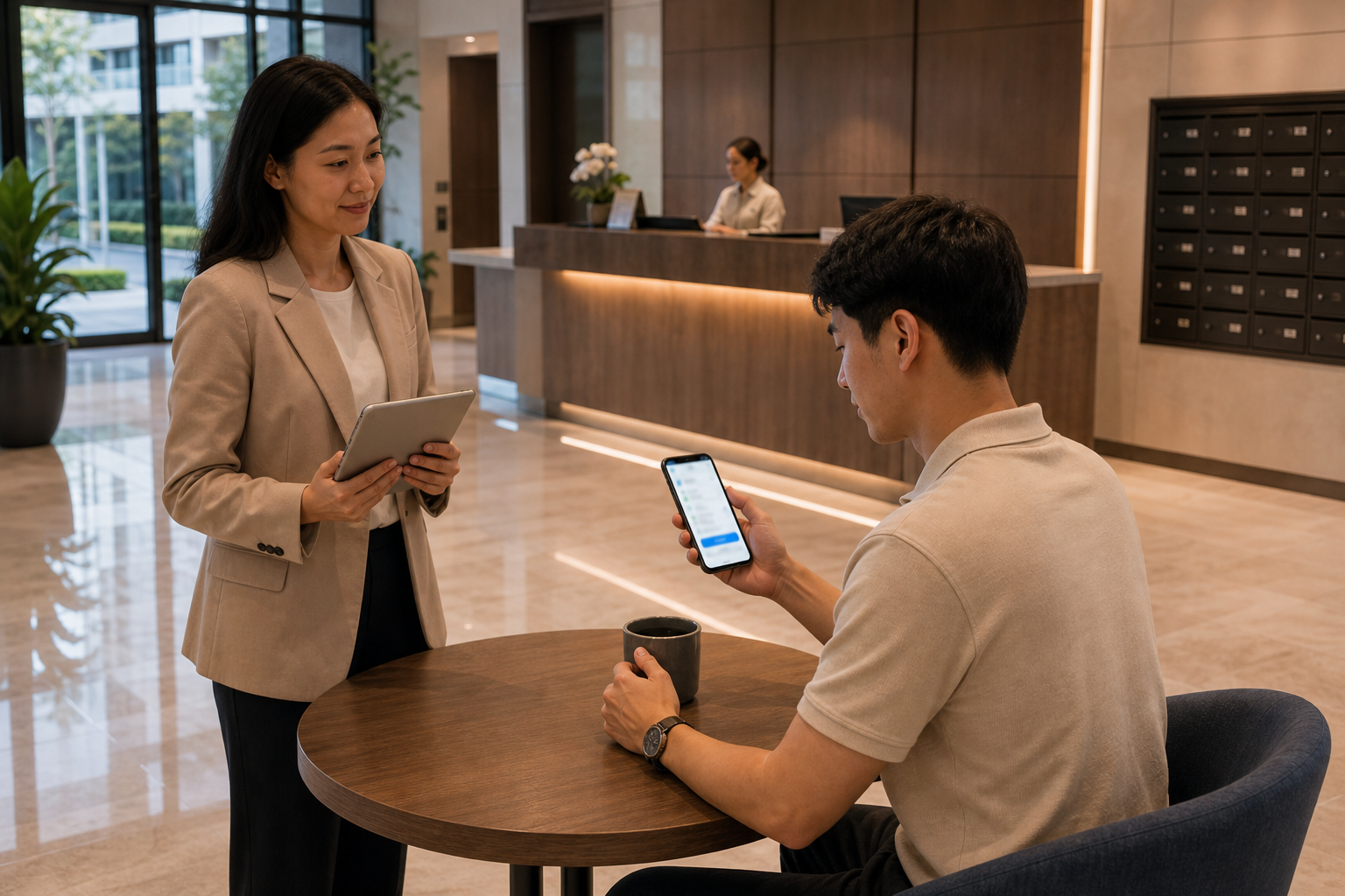 Owner paying condo fees from the building lobby