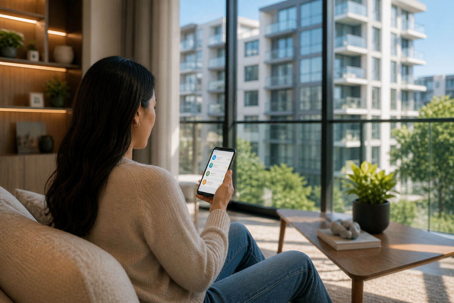 Owner checking the portal from a sunlit apartment
