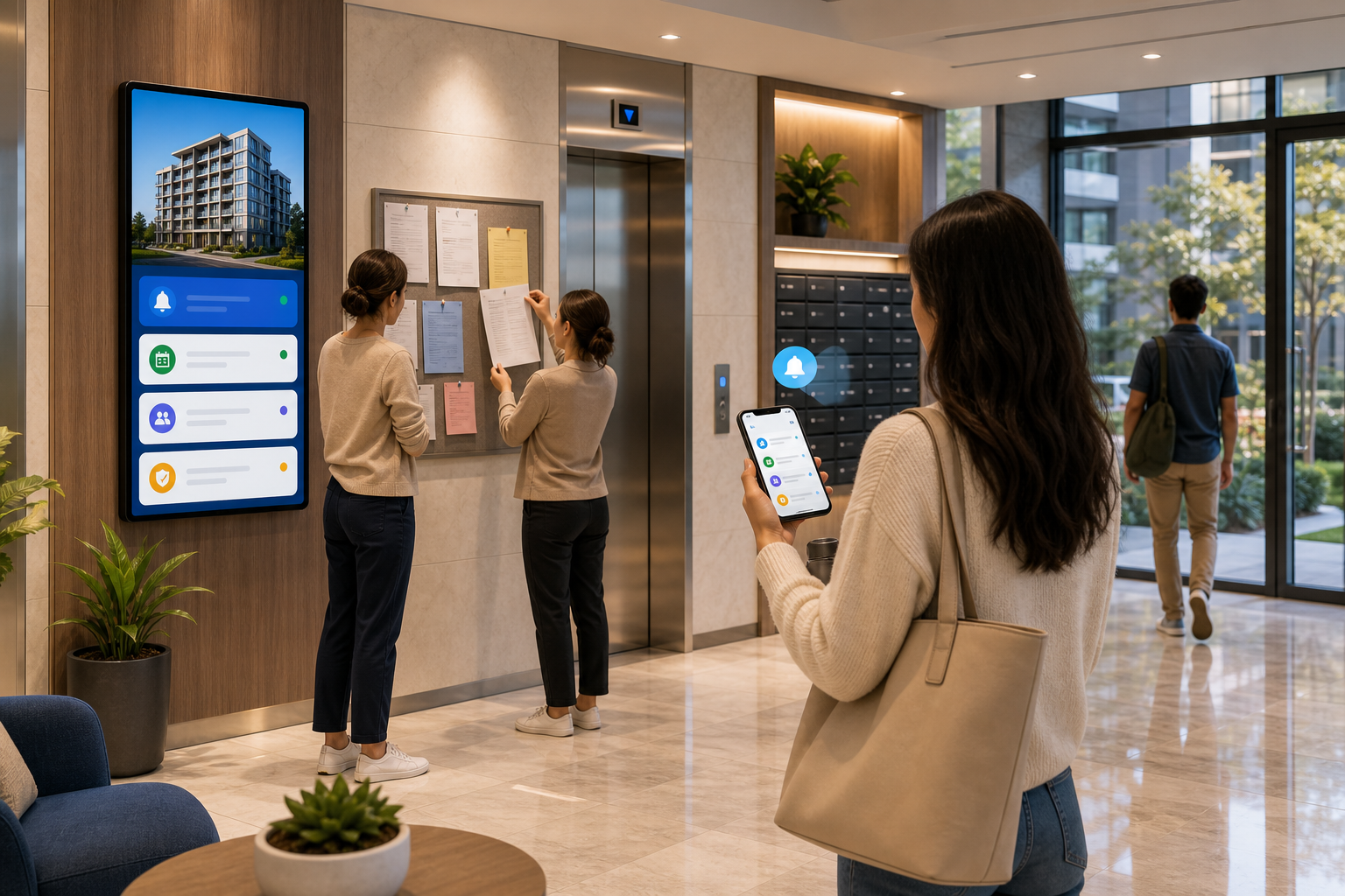 Modern condo lobby with mail and notice area