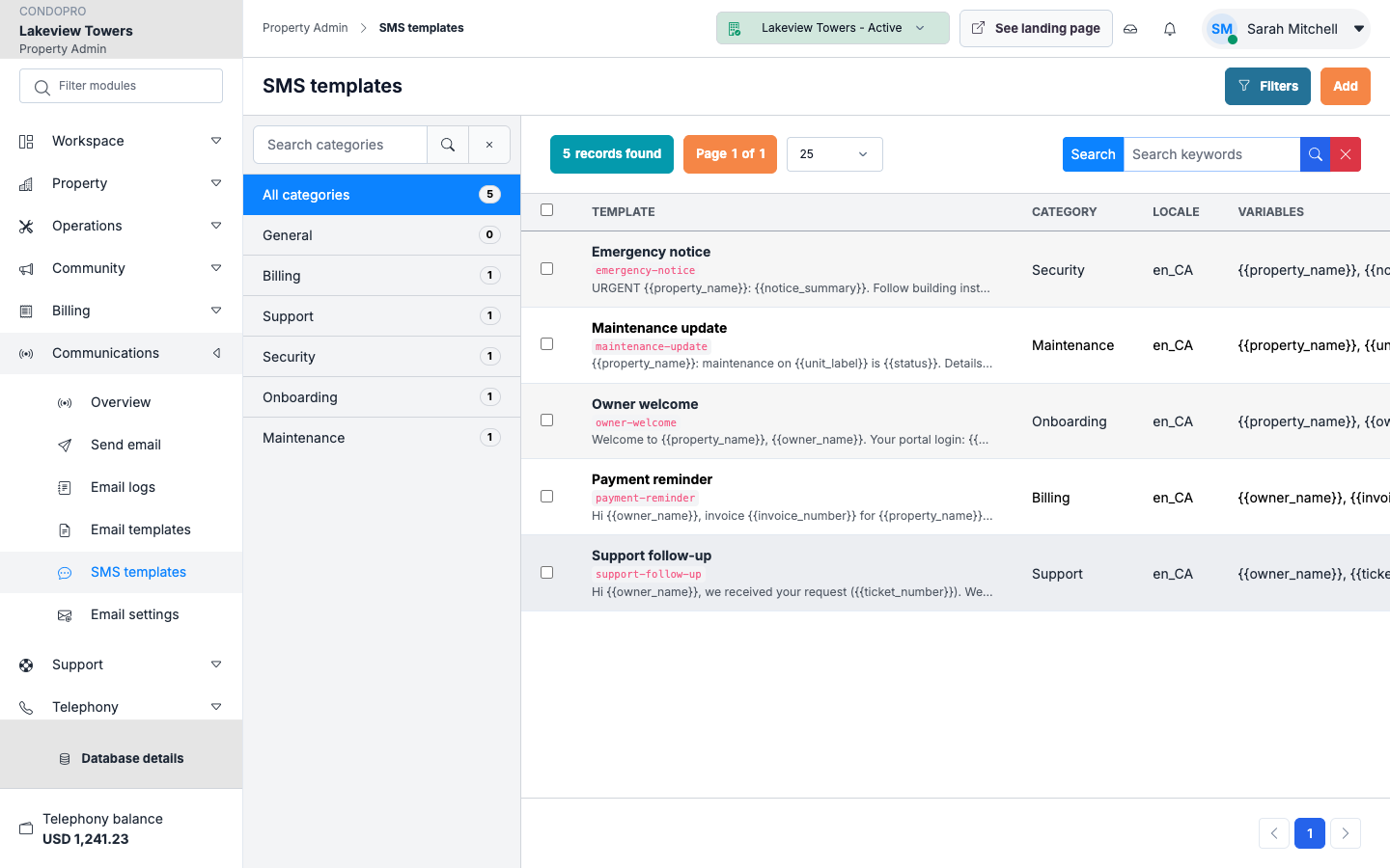 SMS templates